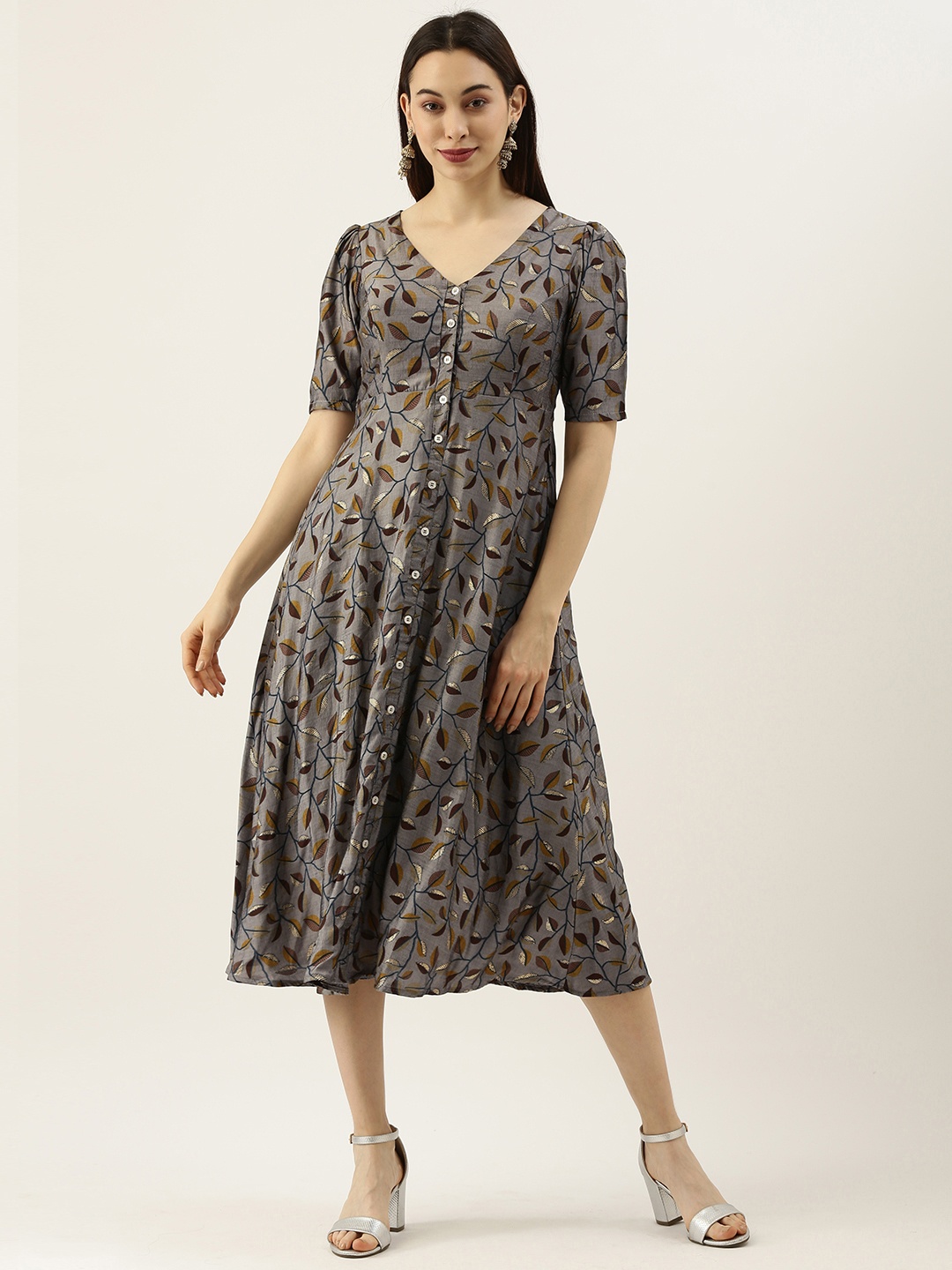 

Ethnovog Women Grey Printed Made To Measure A-Line Dress