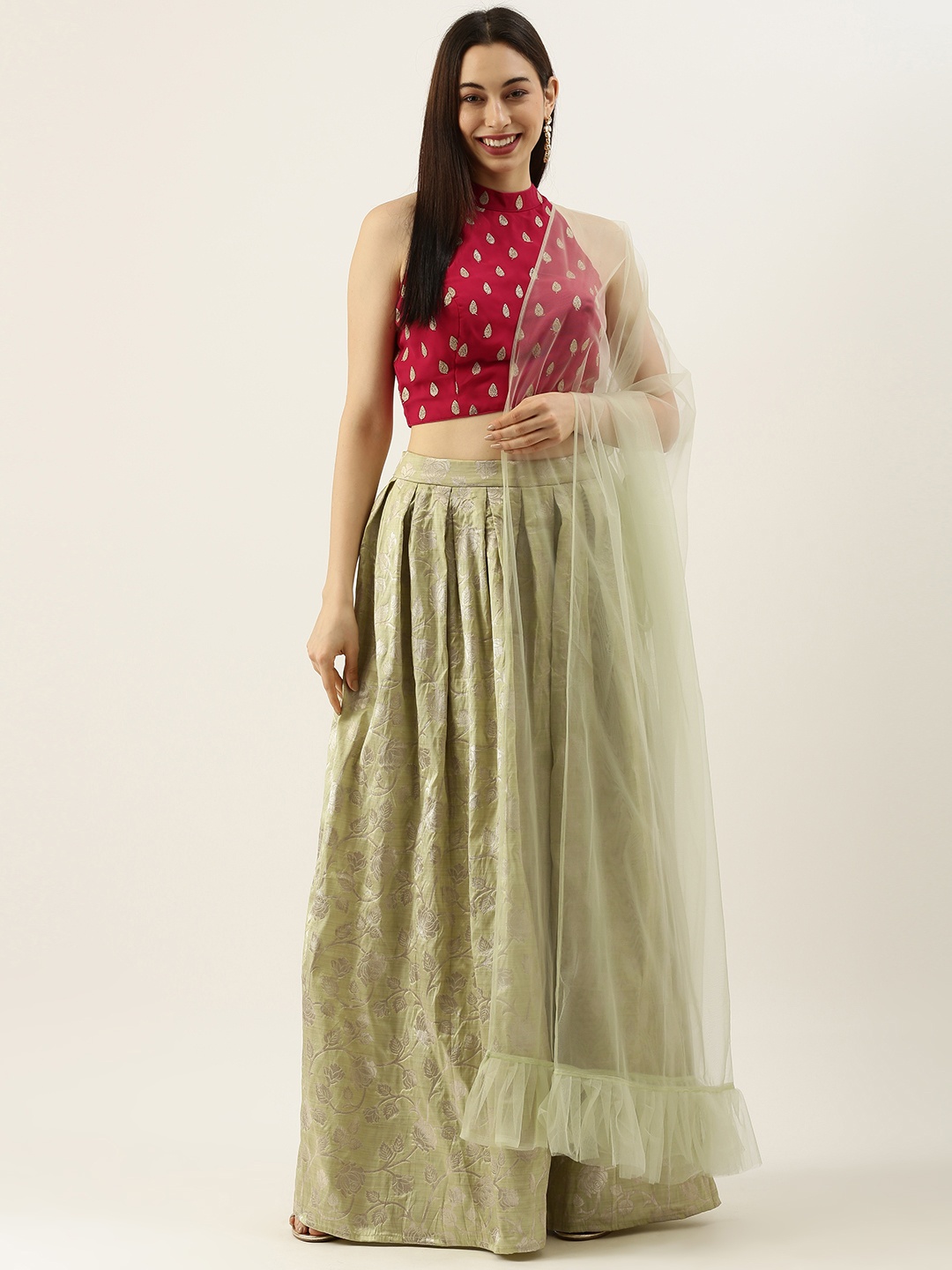 

Ethnovog Maroon Green Embroidered Thread Work Made to Measure Lehenga Blouse With Dupatta
