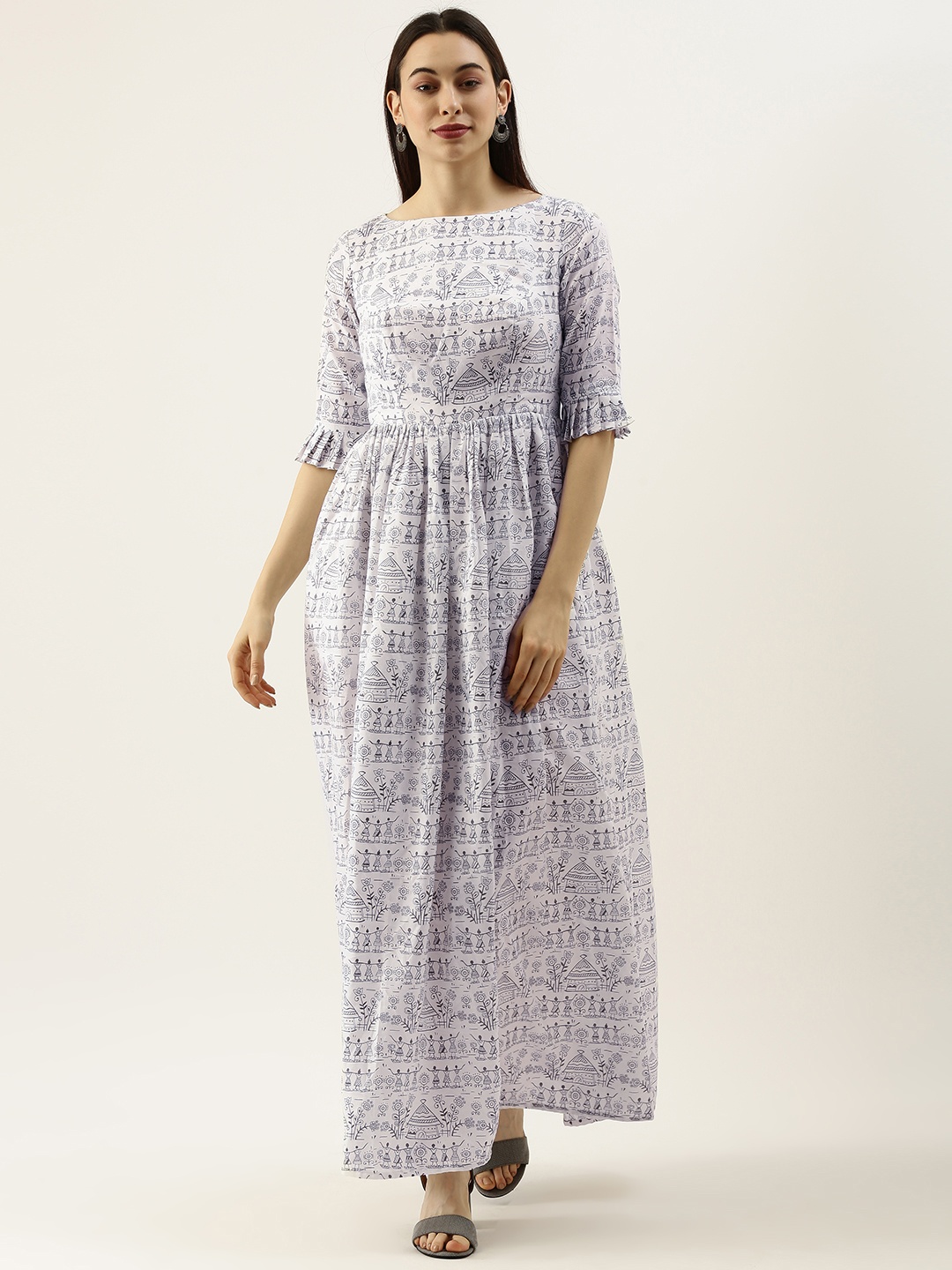 

Ethnovog Women White Printed Made To Measure Maxi Dress