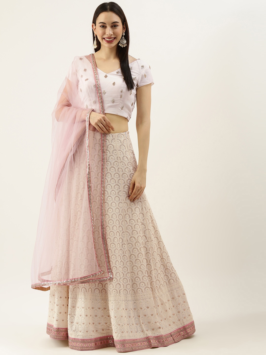 

Ethnovog Pink Off White Embroidered Thread Work Made to Measure Lehenga Blouse With Dupatta