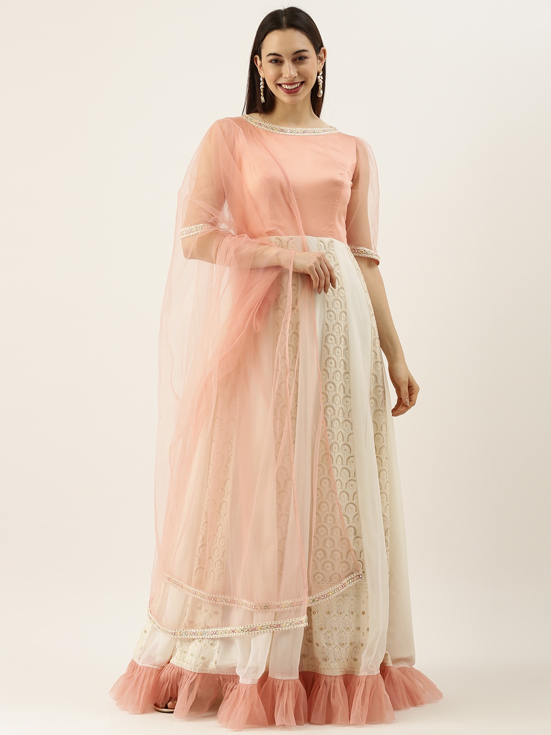 

Ethnovog Women Off-White Peach-Coloured Made To Measure Kurta with Churidar Dupatta