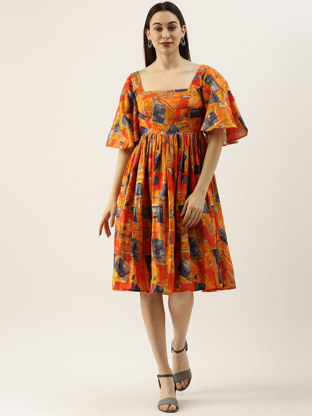 

Ethnovog Women Multicoloured Printed Made To Measure Fit and Flare Dress, Multi