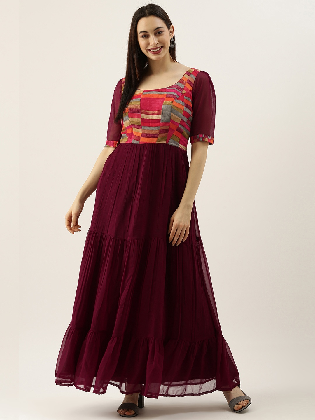 

Ethnovog Burgundy Geometric Print Made To Measure Maxi Tiered Dress