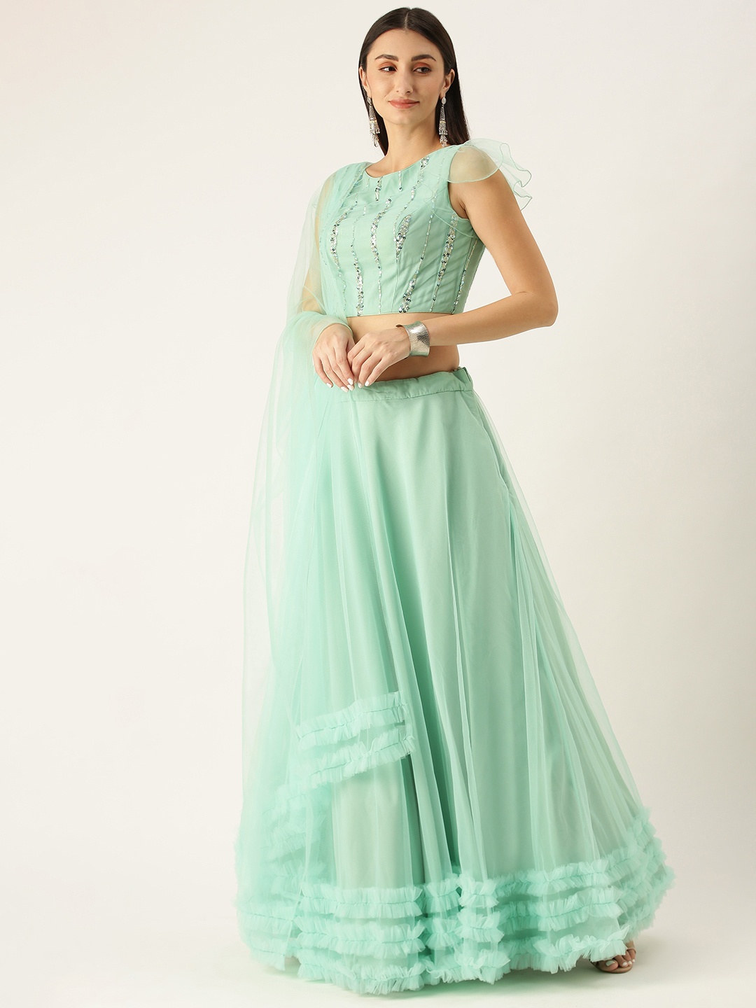 

Ethnovog Green Embellished Sequinned Made to Measure Lehenga Blouse With Dupatta