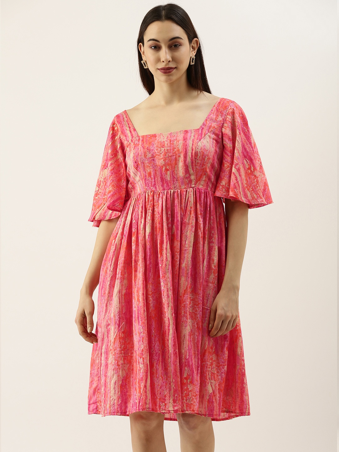 

Ethnovog Women Multicoloured Made To Measure Printed Fit and Flare Dress, Pink