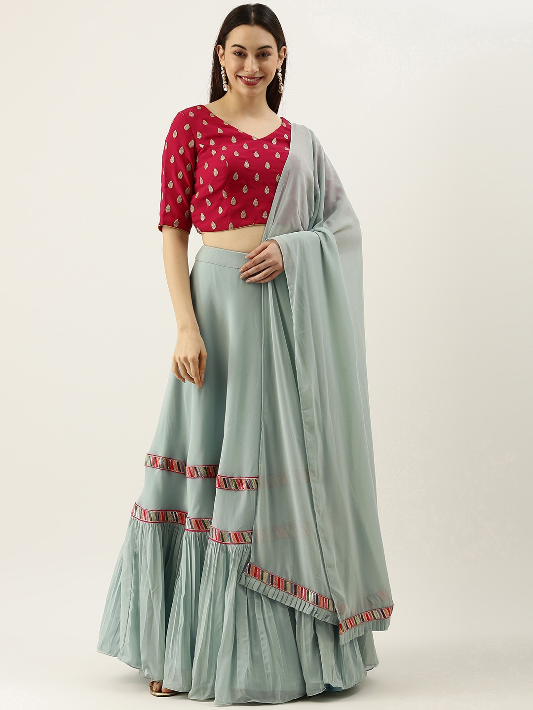 

Ethnovog Magenta Green Embroidered Made to Measure Lehenga Blouse With Dupatta