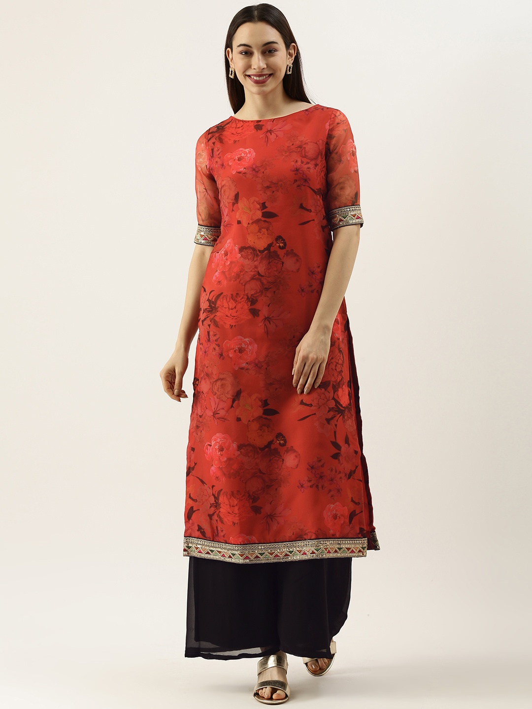 

Ethnovog Women Red Black Floral Printed Made To Measure Sequinned Kurta with Palazzos