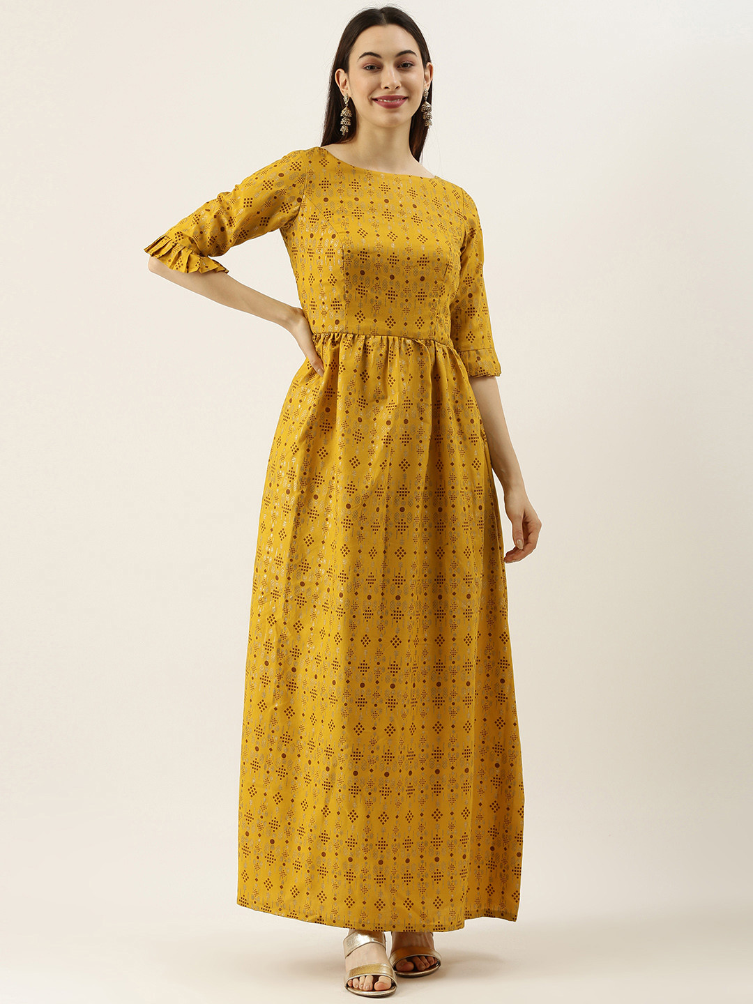 

Ethnovog Women Mustard Yellow Printed Made To Measure Maxi Dress