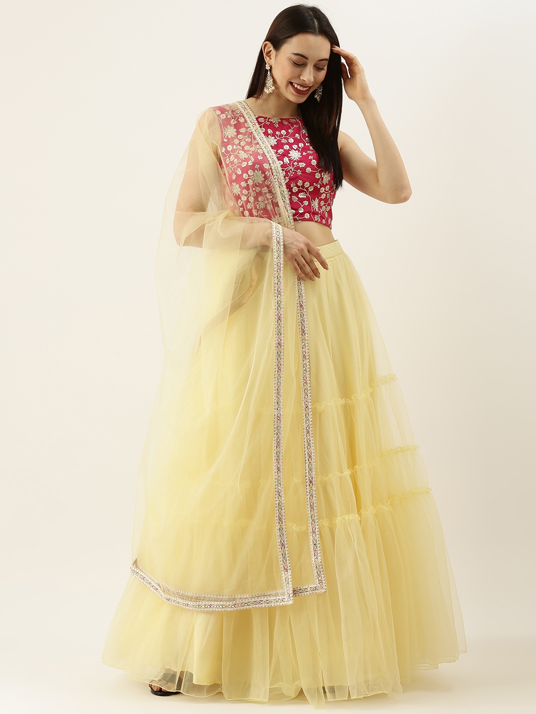 

Ethnovog Magenta Yellow Embellished Sequinned Made to Measure Lehenga Blouse With Dupatta