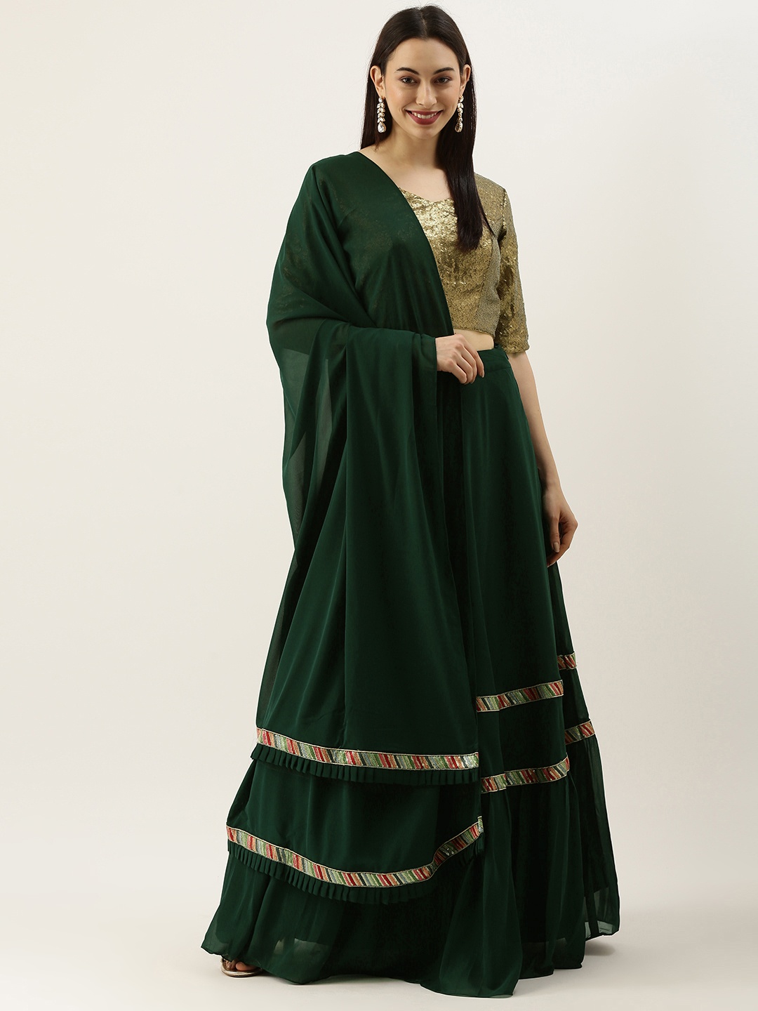 

Ethnovog Green Gold-Toned Embellished Sequinned Made to Measure Lehenga Blouse With Dupatta