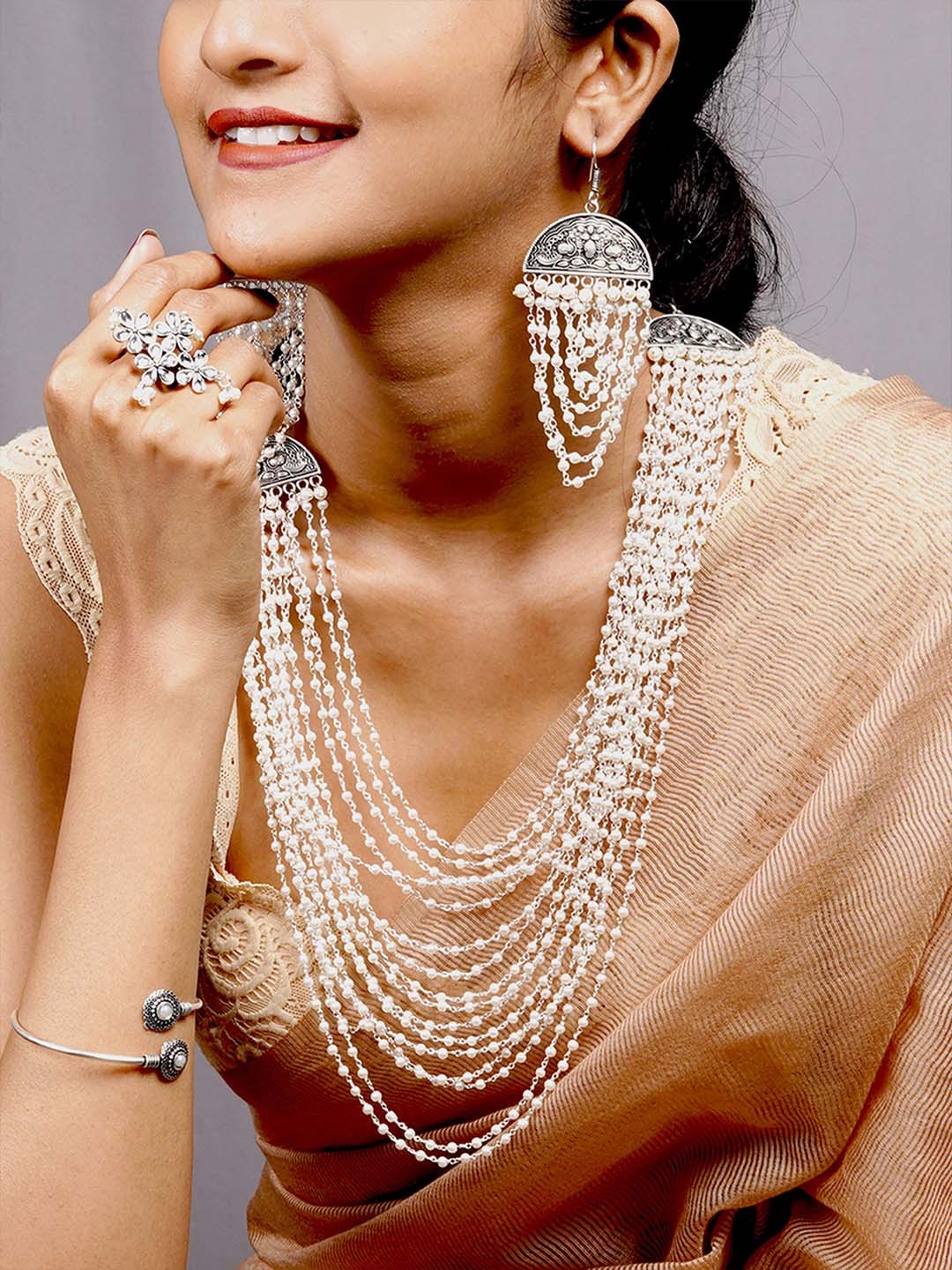 

TEEJH Oxidised Silver-Toned White Beaded Jewellery Set