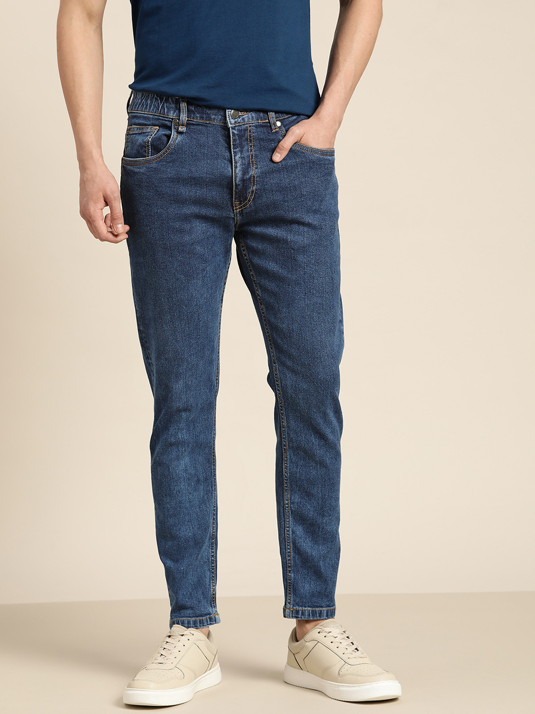 

ether Men Navy Blue Tapered Fit Stretchable Jeans