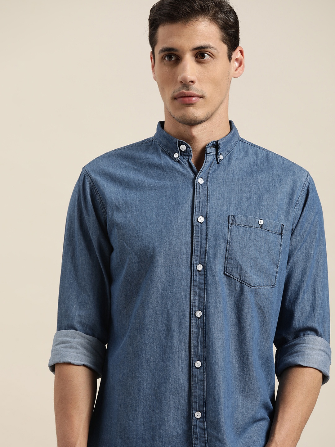 

ether Men Navy Blue Solid Pure Cotton Casual Shirt