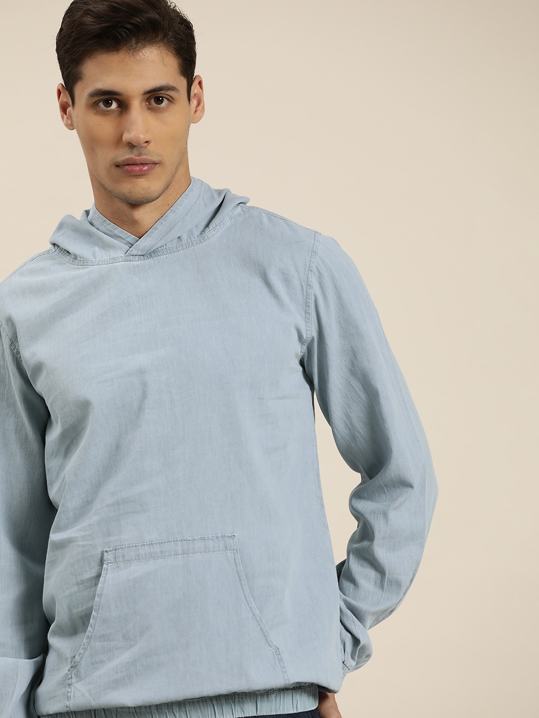 

ether Men Blue Cotton Solid Hooded Denim Sweatshirt