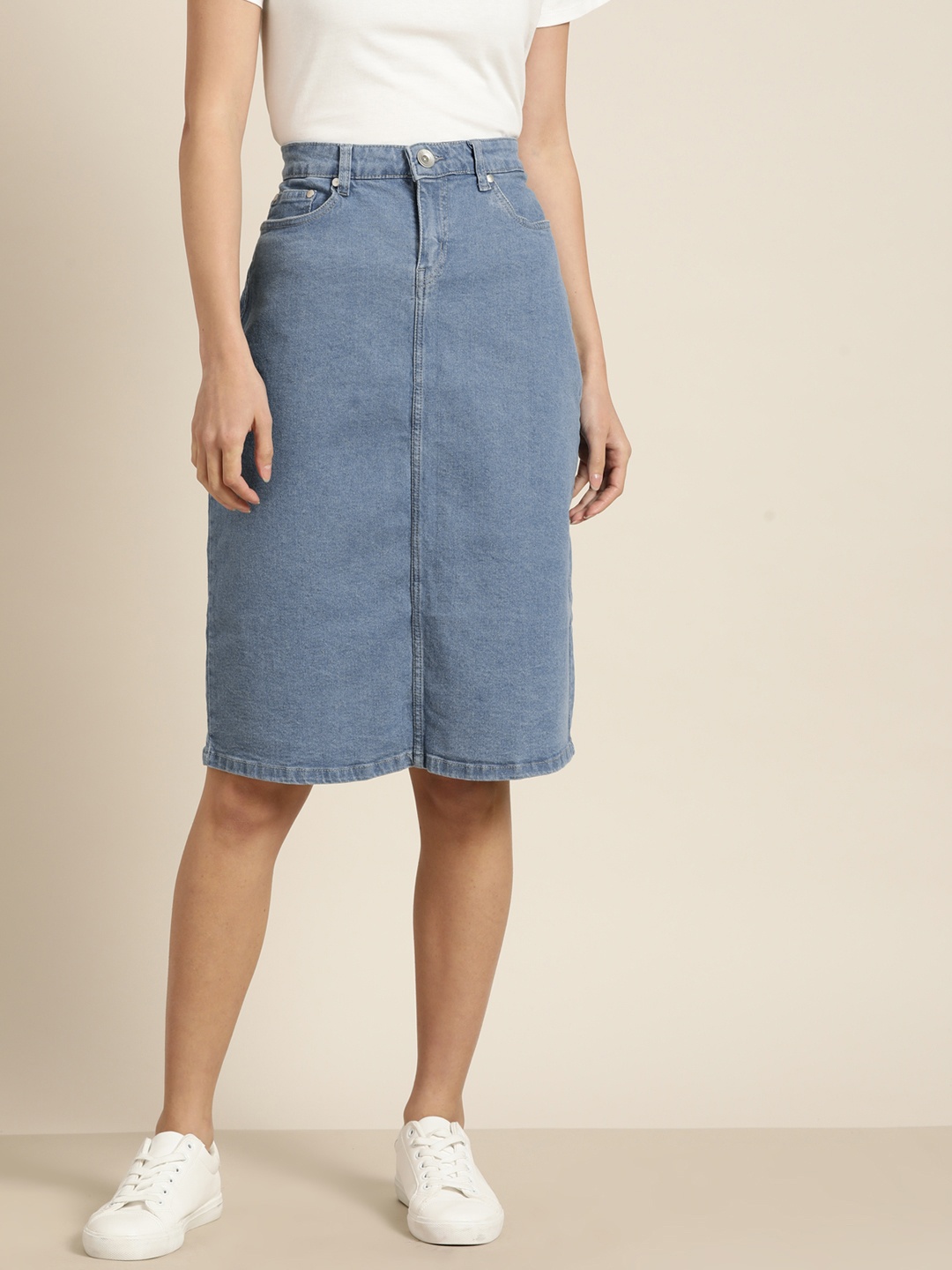 

ether Women Blue Solid Denim Straight Skirt