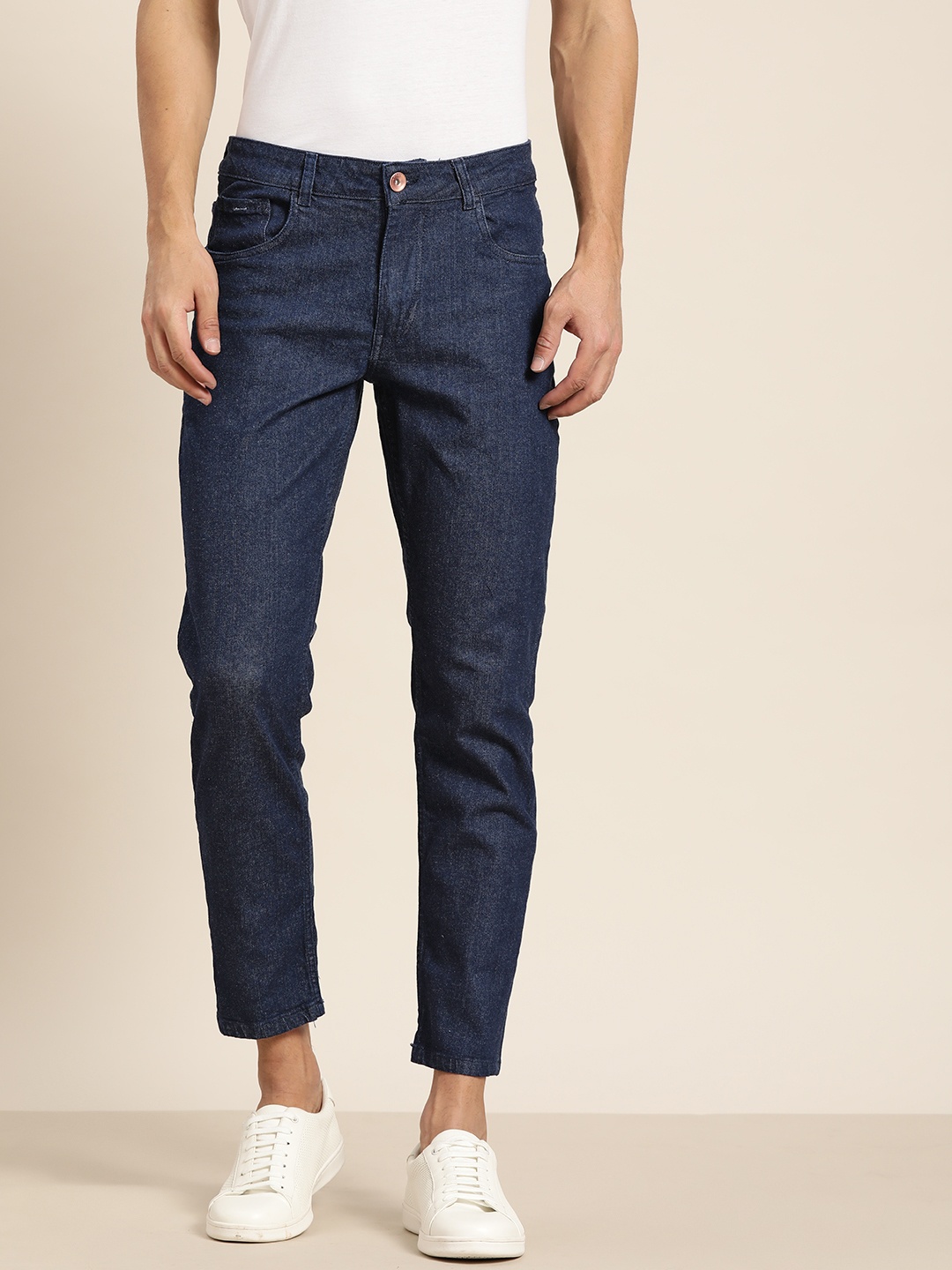 

ether Men Navy Blue Carrot Fit Stretchable Cropped Jeans