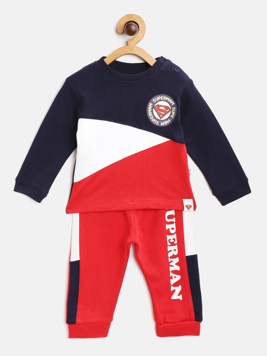 

Moms Love Infant Boys Red & Navy Pure Cotton Colourblocked T-shirt with Joggers