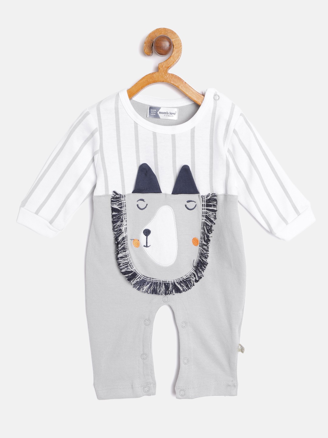 

Moms Love Infant Boys Grey & White Pure Cotton Striped Rompers with Applique Detail