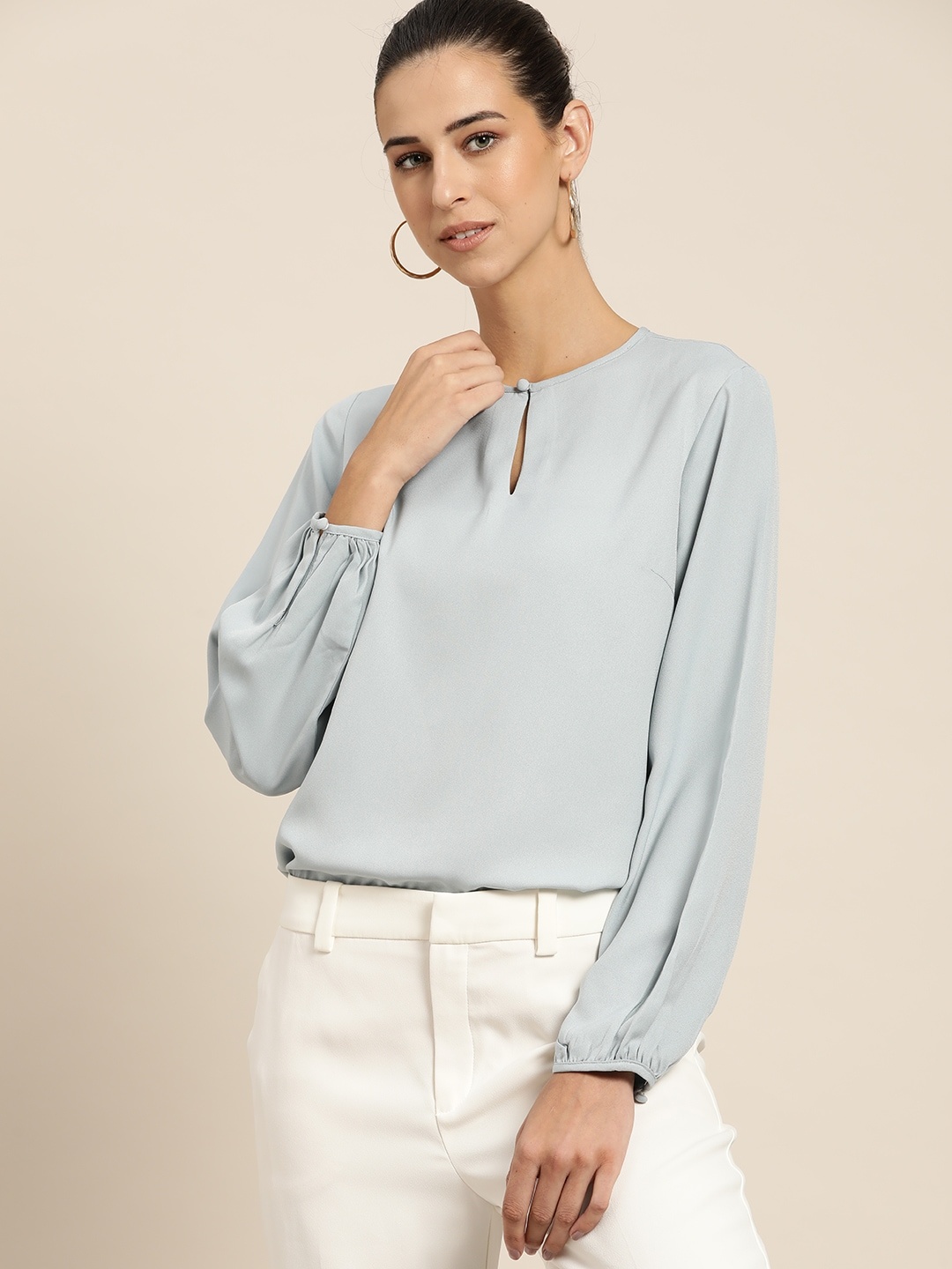 

her by invictus Blue Solid Keyhole Neck Regular Top