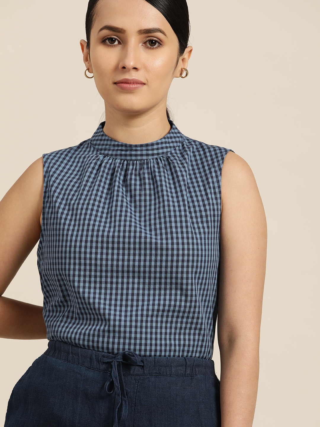 

her by invictus Women Blue Pure Cotton Checked Top