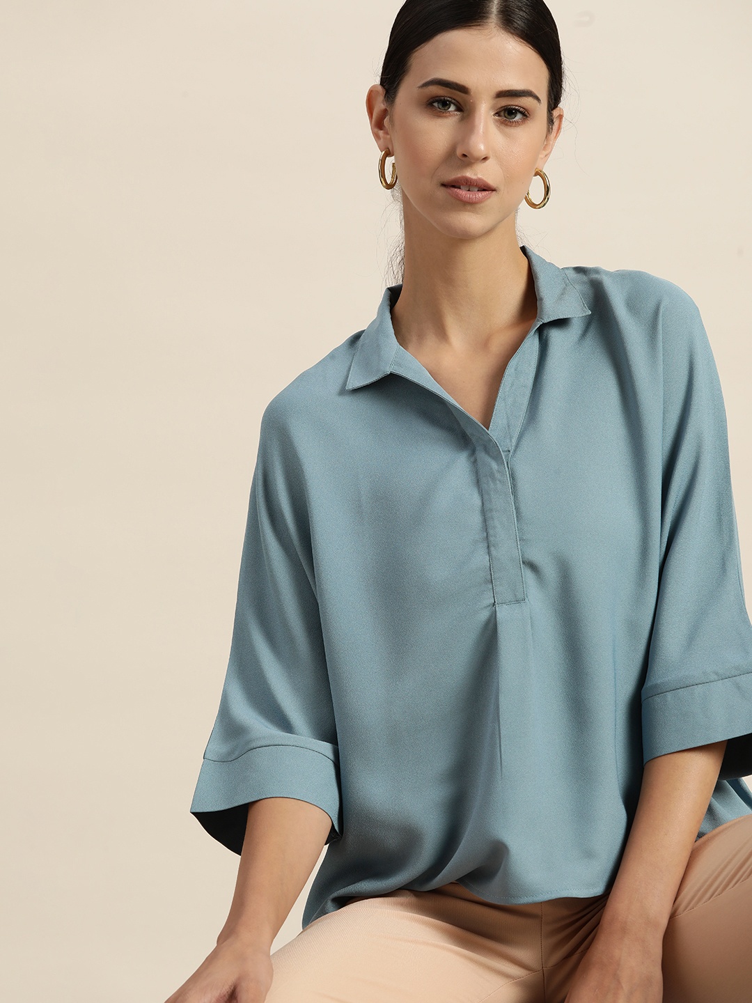 

her by invictus Blue Solid Extended Sleeves Regular Top