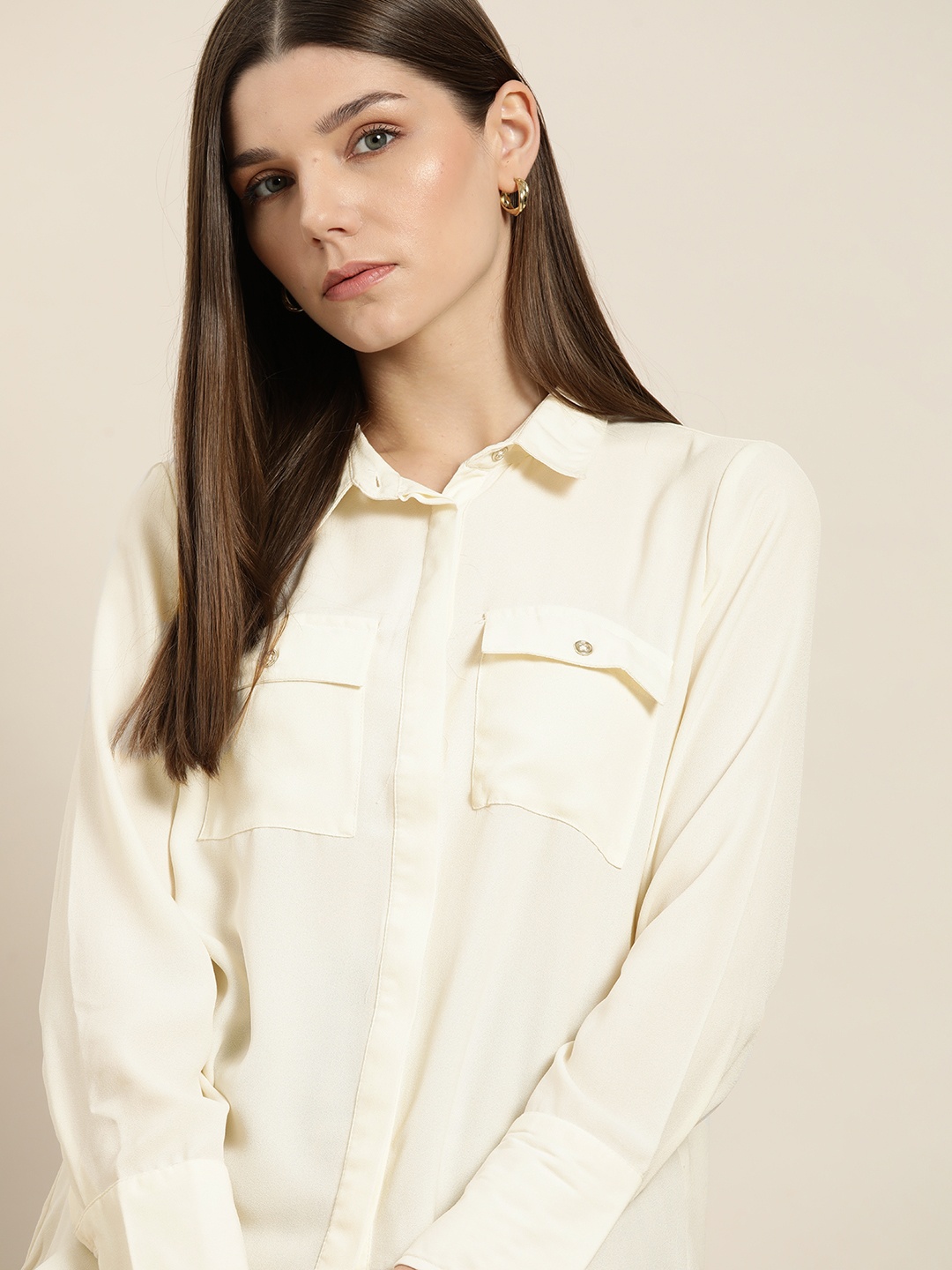 

her by invictus Women Off White Solid Pocket Casual Shirt