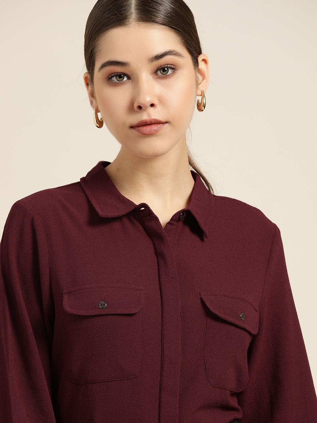 

her by invictus Women Maroon Textured Casual Shirt