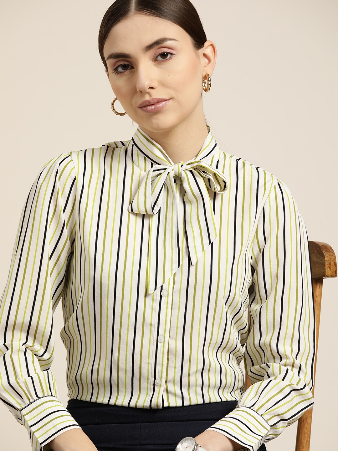 

her by invictus Women White & Black Striped Casual Shirt