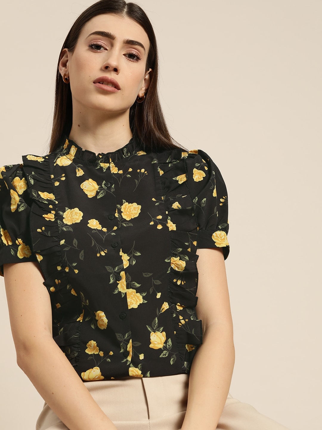 

her by invictus Black & Yellow Floral Print Ruffles Shirt Style Top