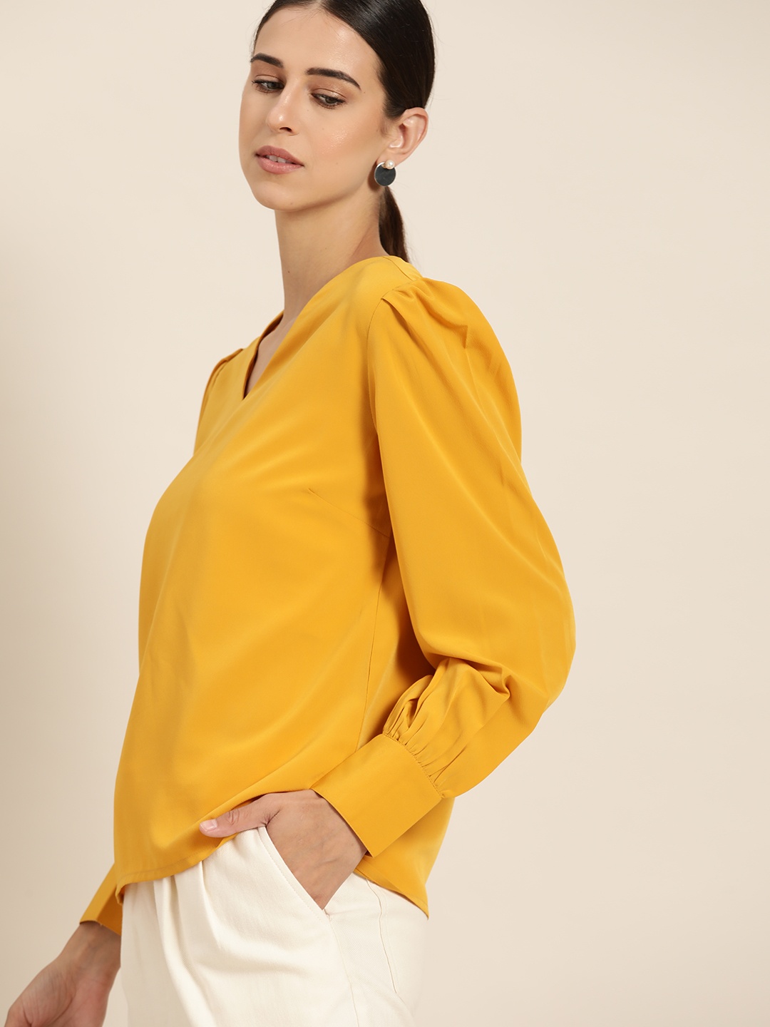 

her by invictus Women Mustard Yellow Solid Regular Top