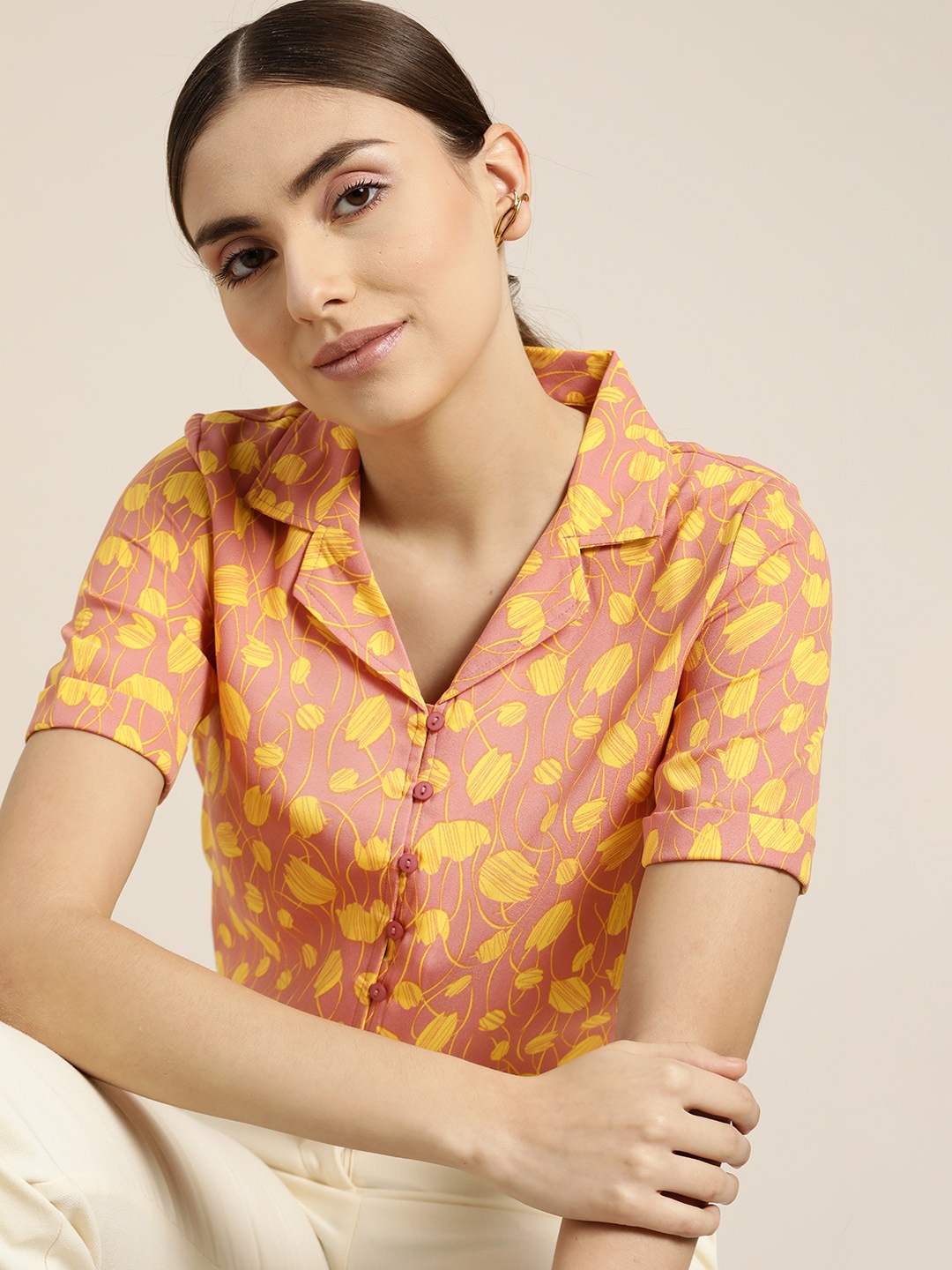 

her by invictus Women Dusty Pink & Yellow Floral Printed Casual Shirt, Rose