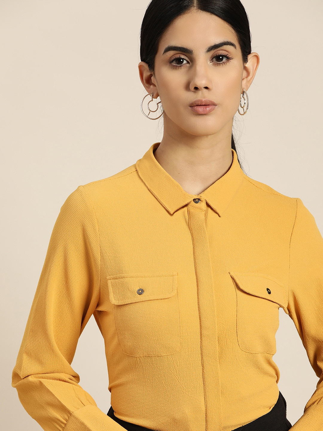 

her by invictus Women Mustard Yellow Solid Casual Shirt