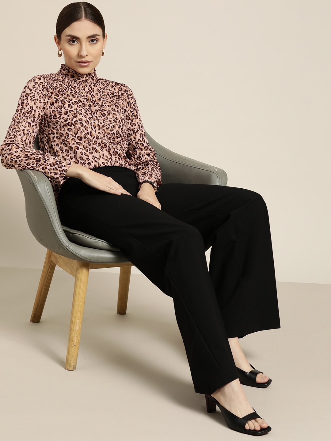 

her by invictus Peach-Coloured & Burgundy Animal Printed Top