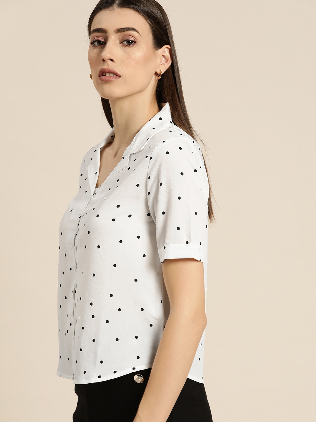 

her by invictus Women White & Black Polka Dots Print Casual Shirt