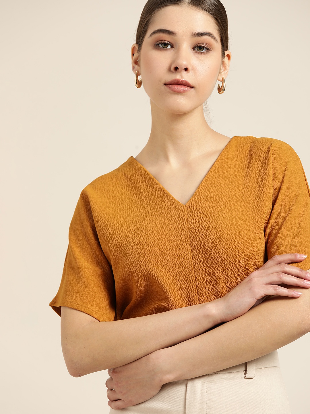 

her by invictus Women Mustard Yellow Textured Extended Sleeves Boxy Formal Top