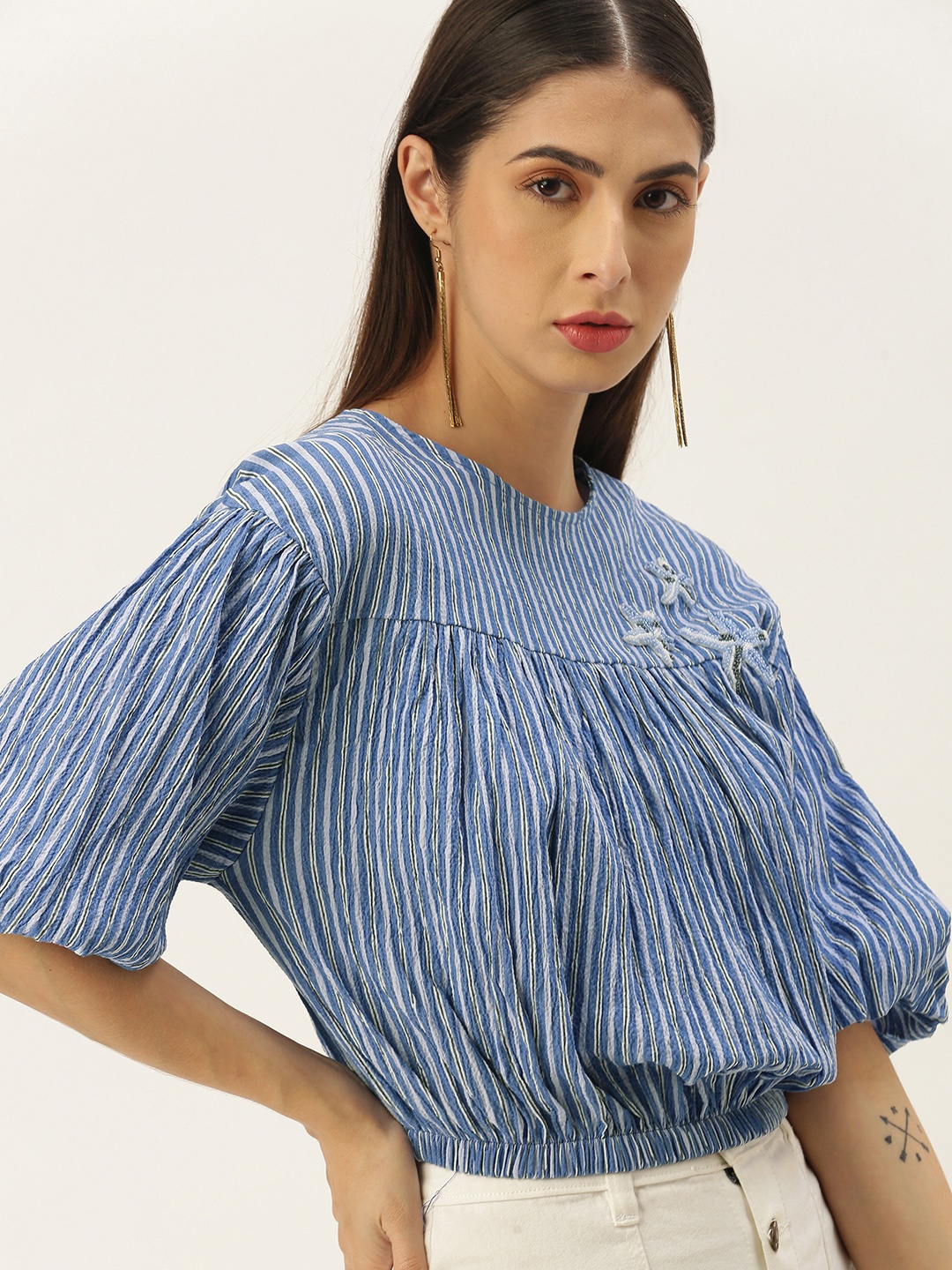 

Koton Blue & White Striped Puff Sleeve Blouson Crop Top