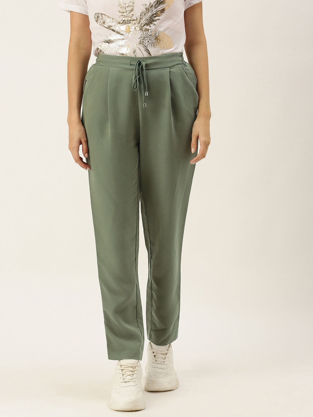 

Koton Women Khaki Solid Pleated Trousers