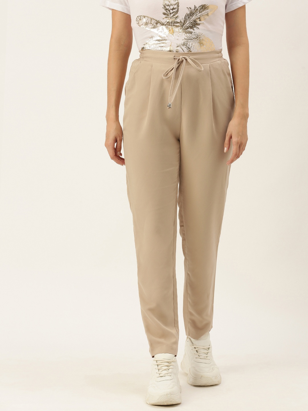 

Koton Women Beige Solid Pleated Trousers