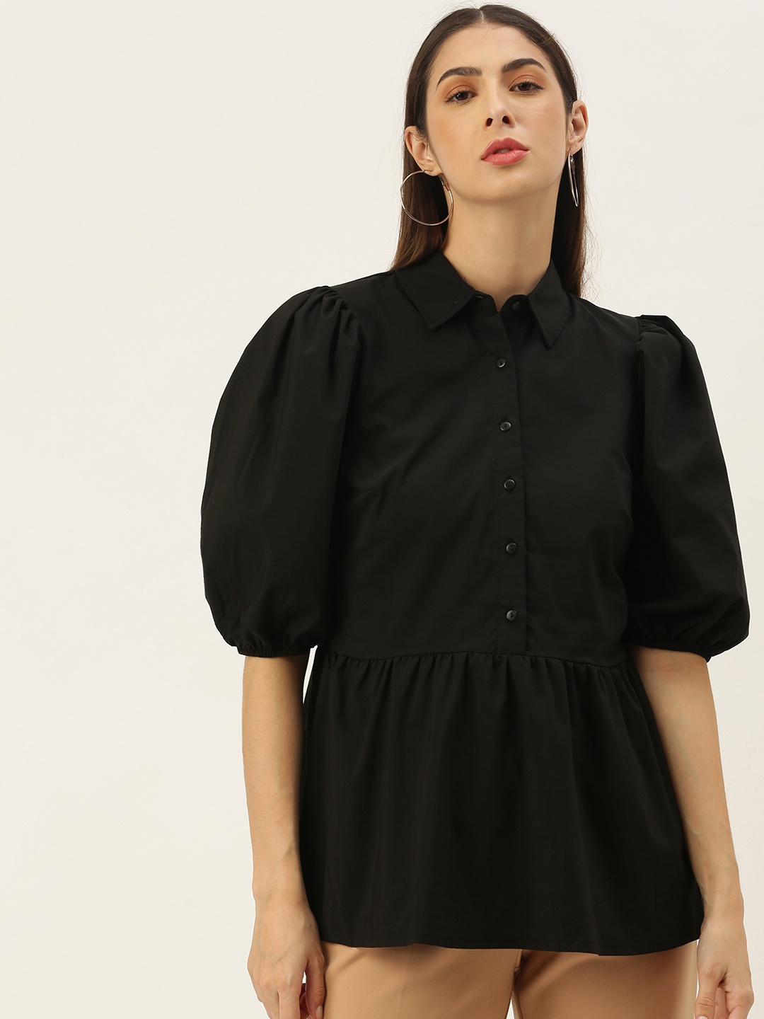 

Koton Black Solid Puff Sleeve A-Line Top