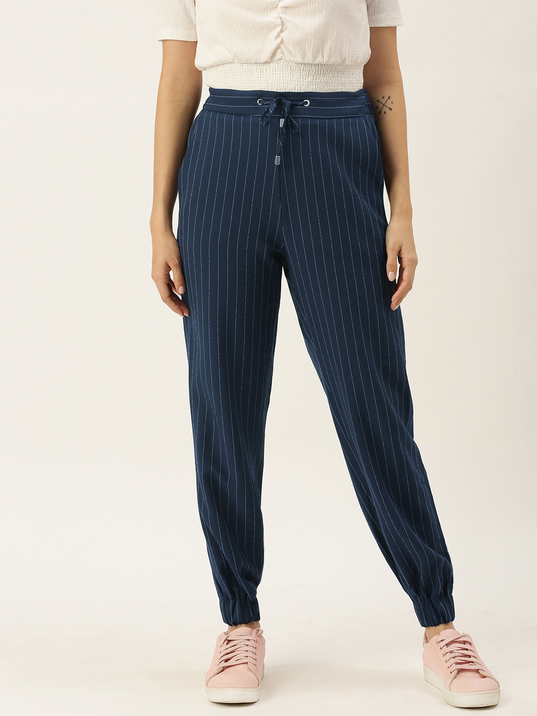 

Koton Women Blue Striped Pleated Trousers