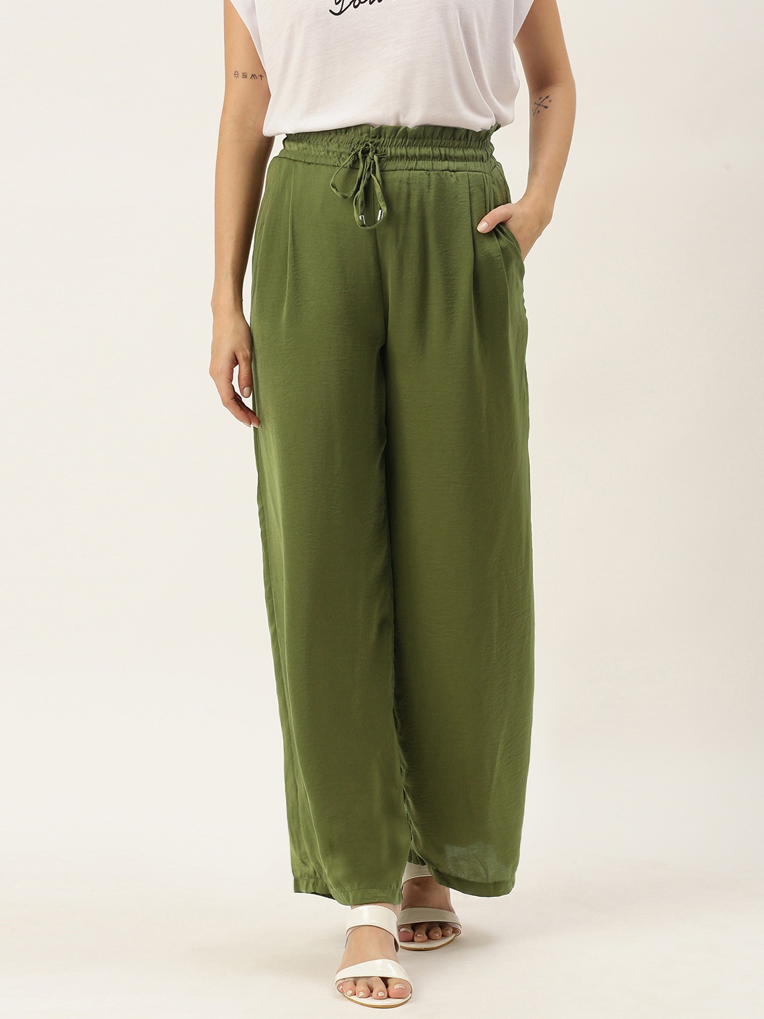 

Koton Women Olive Green Solid Parallel Trousers