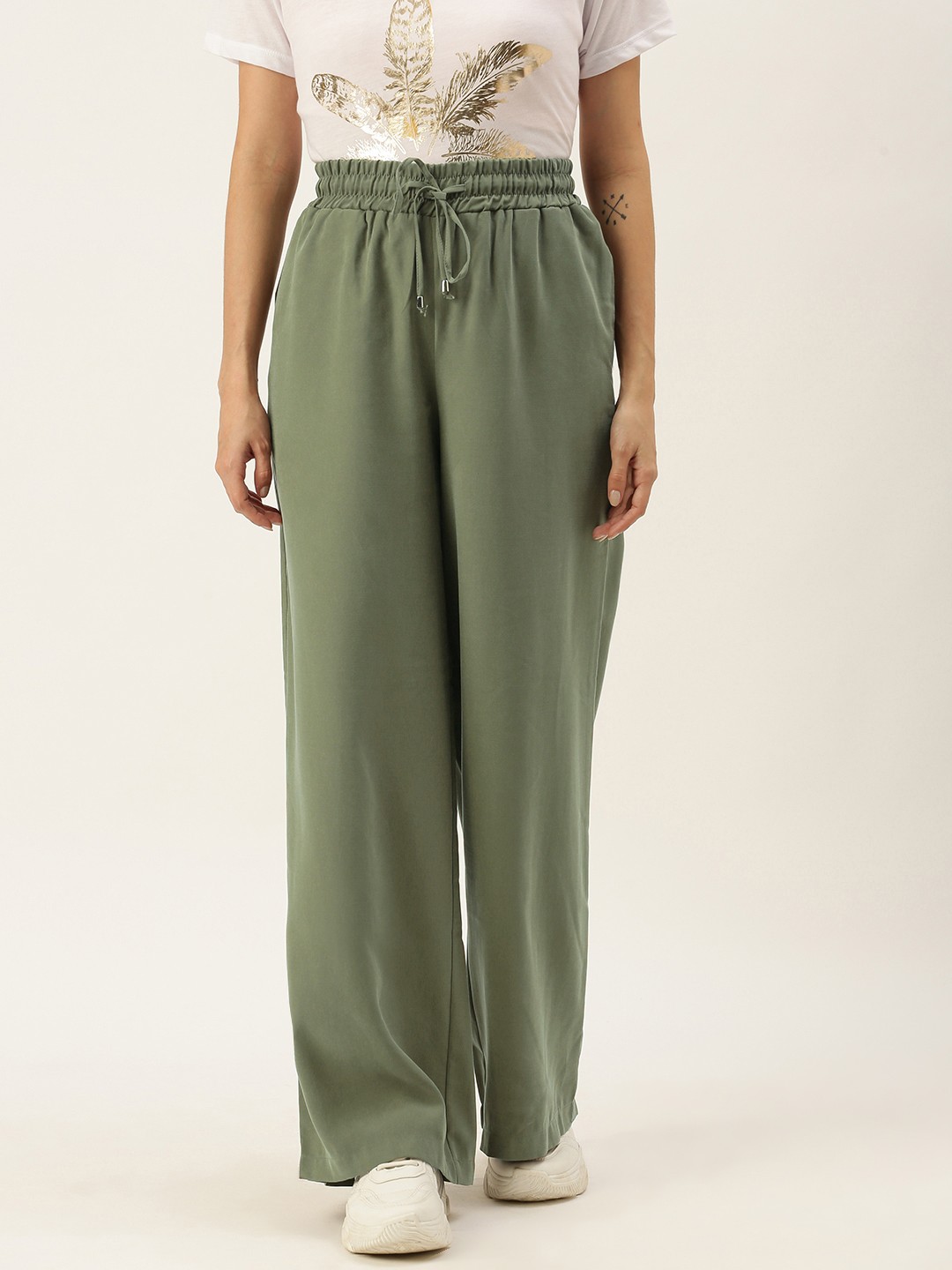 

Koton Women Khaki Solid Pleated Trousers