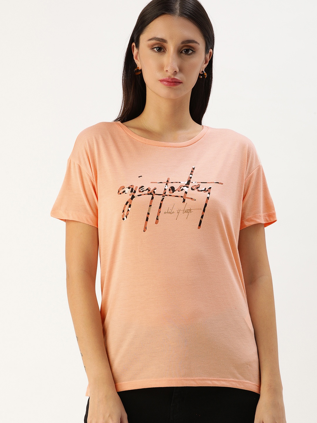 

Koton Women Peach-Coloured Typography Printed T-shirt