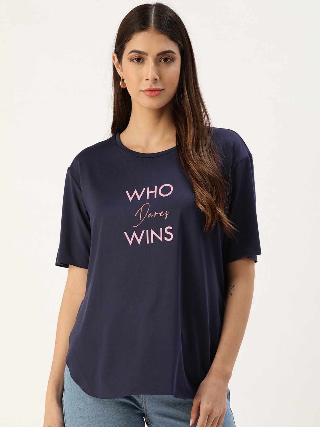 

Koton Women Navy Blue & Peach-Coloured Typography Print Round Neck T-shirt