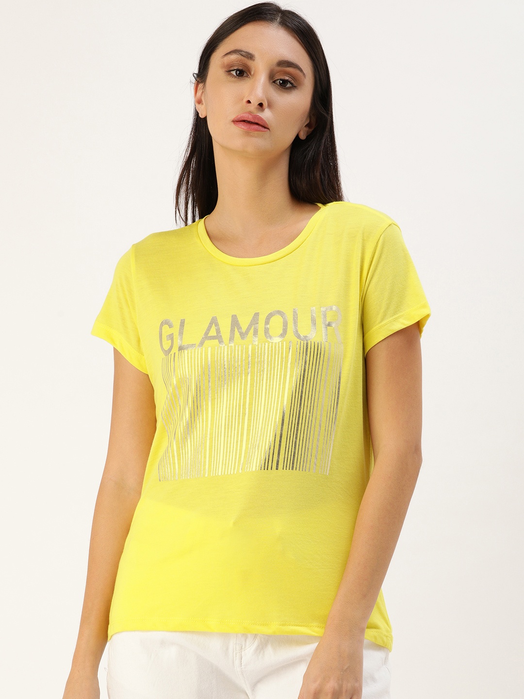 

Koton Women Yellow & Silver Typography Print Round Neck T-shirt