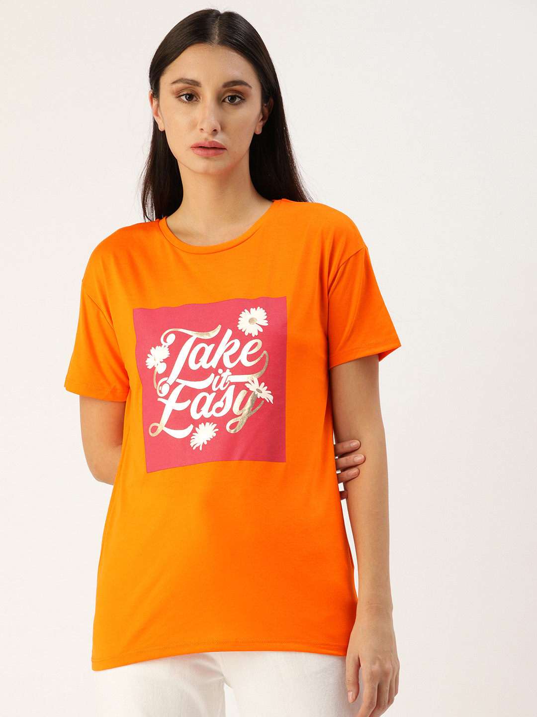 

Koton Women Orange & Golden Typographic Print T-shirt