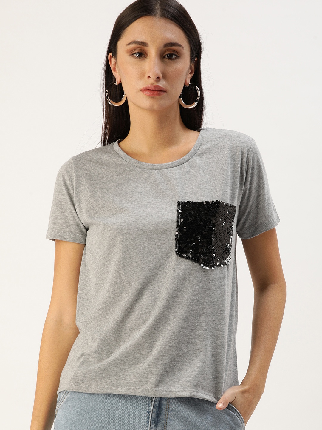 

Koton Women Grey T-shirt with Sequined Pocket