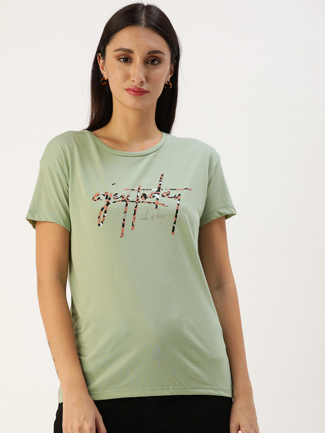 

Koton Women Green Typography Printed T-shirt