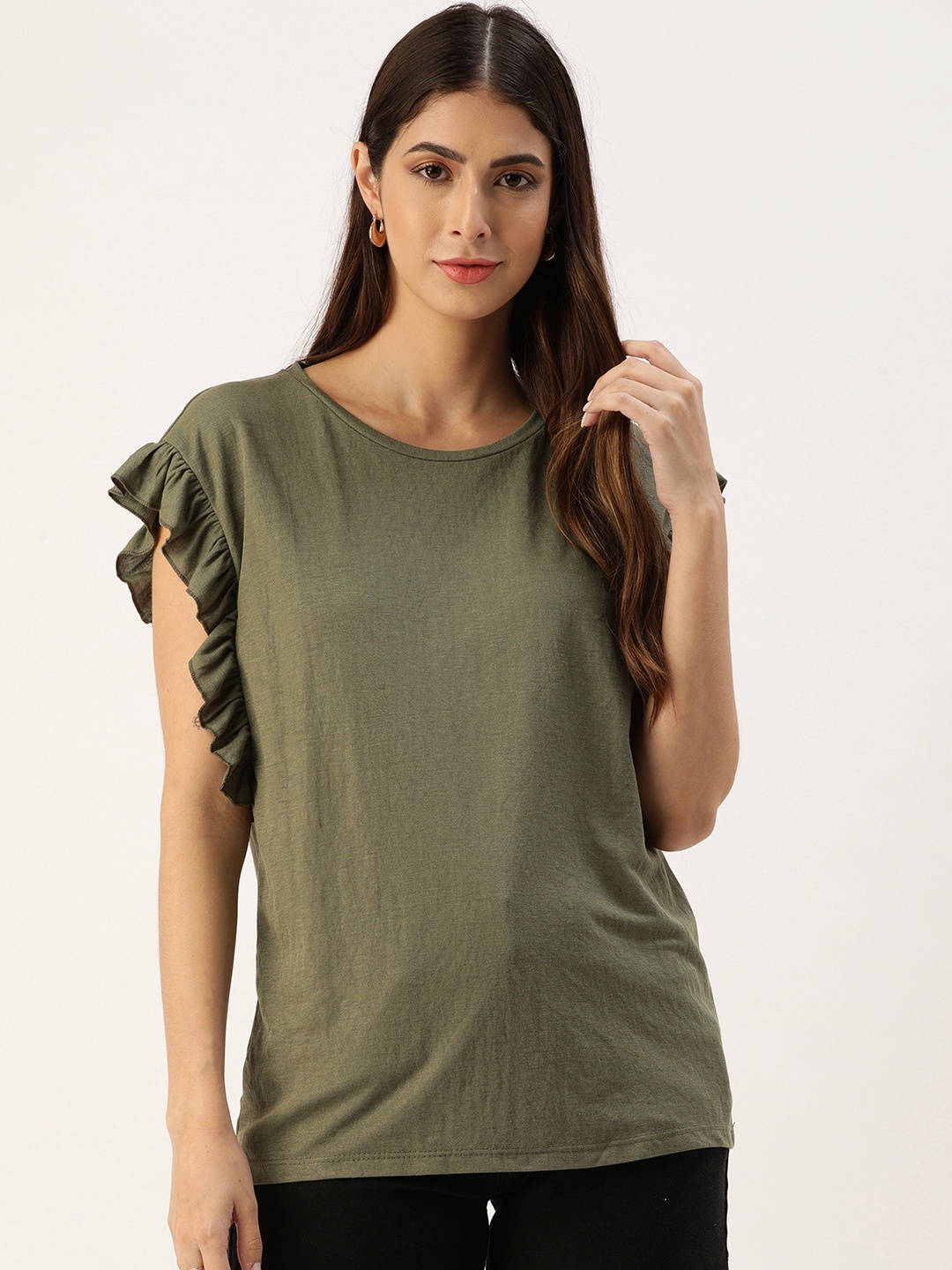 

Koton Olive Green Solid Flutter Sleeves Regular Top
