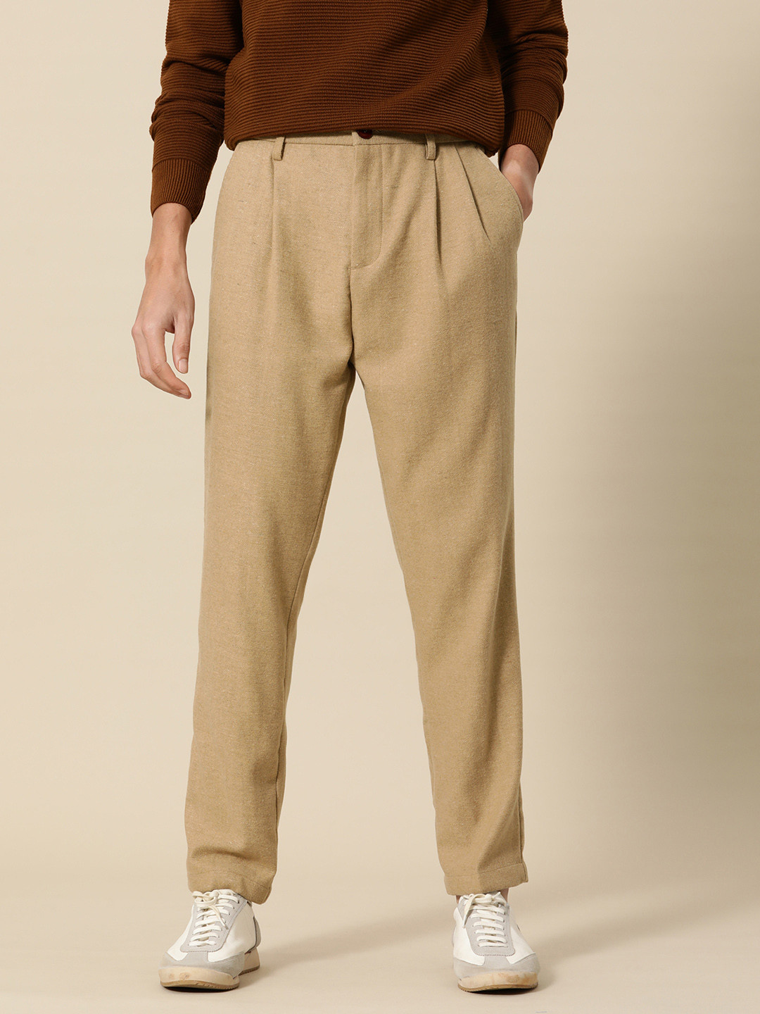 

Mr Bowerbird Men Camel Brown Liberal Fit Solid Pleated Trousers